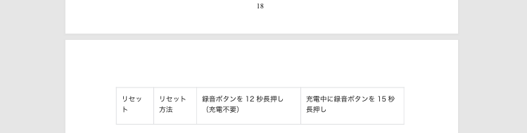 18ページの末尾と、次ページの冒頭にある「リセット」の行。